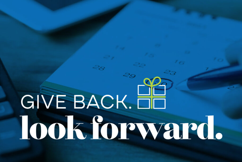 calendar image reads "give back, look forward"