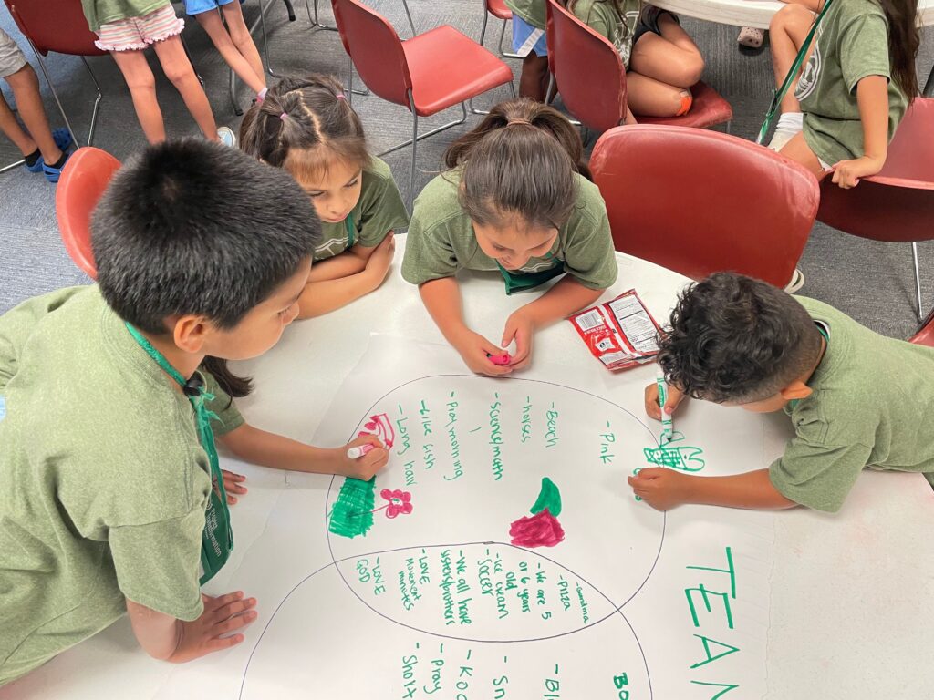 four children draw a venn diagram on a table showing teamwork and leadership