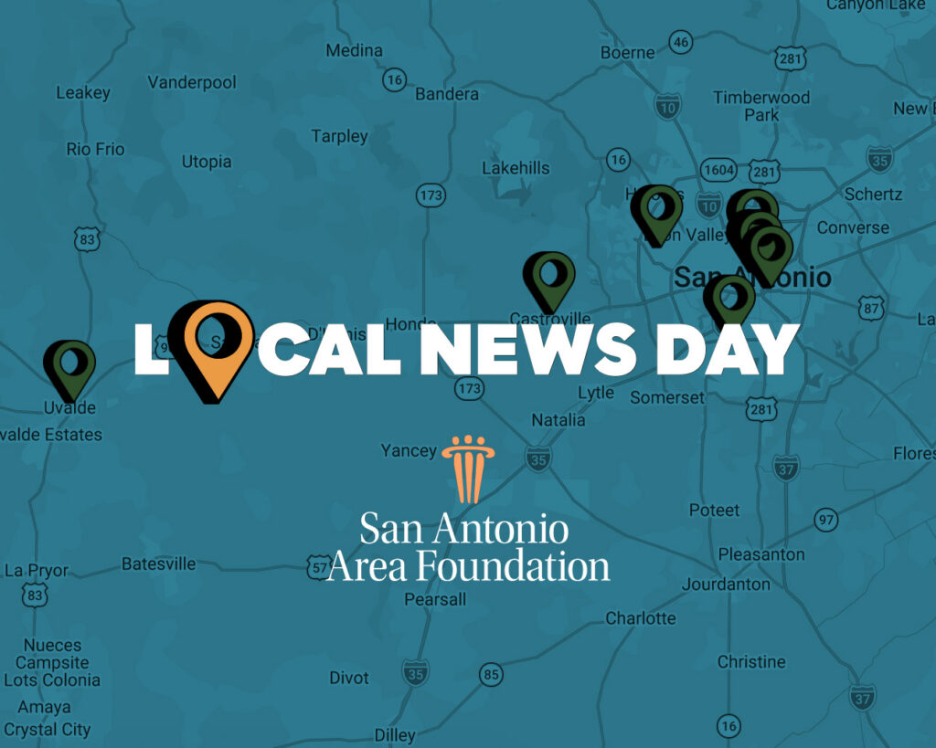 Local News Day logo and San Antonio Area Foundation logo overlaid on a local media map