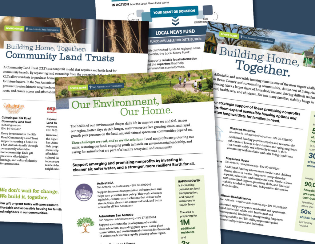 4 front pages of various community giving guides