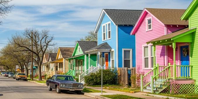 brightly painted houses along a street
