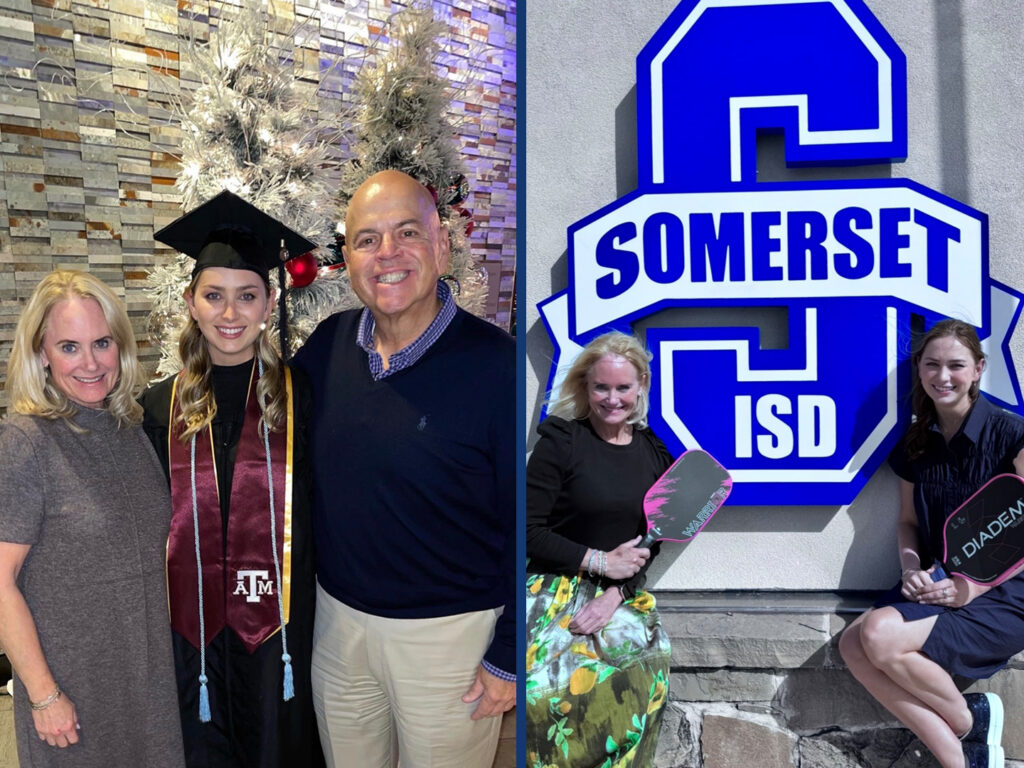 left: Amy and John Hayes pose with Hayden Hayes who is in cap and gown from Texas A&M; right: Amy and Haden Hayes pose with pickleball paddles against the Somerset ISD sign