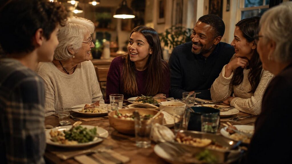 generations of people sharing a meal